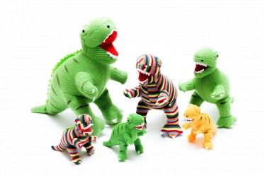 bright stripe knitted t rex dinosaur toy with white soft jagged teeth